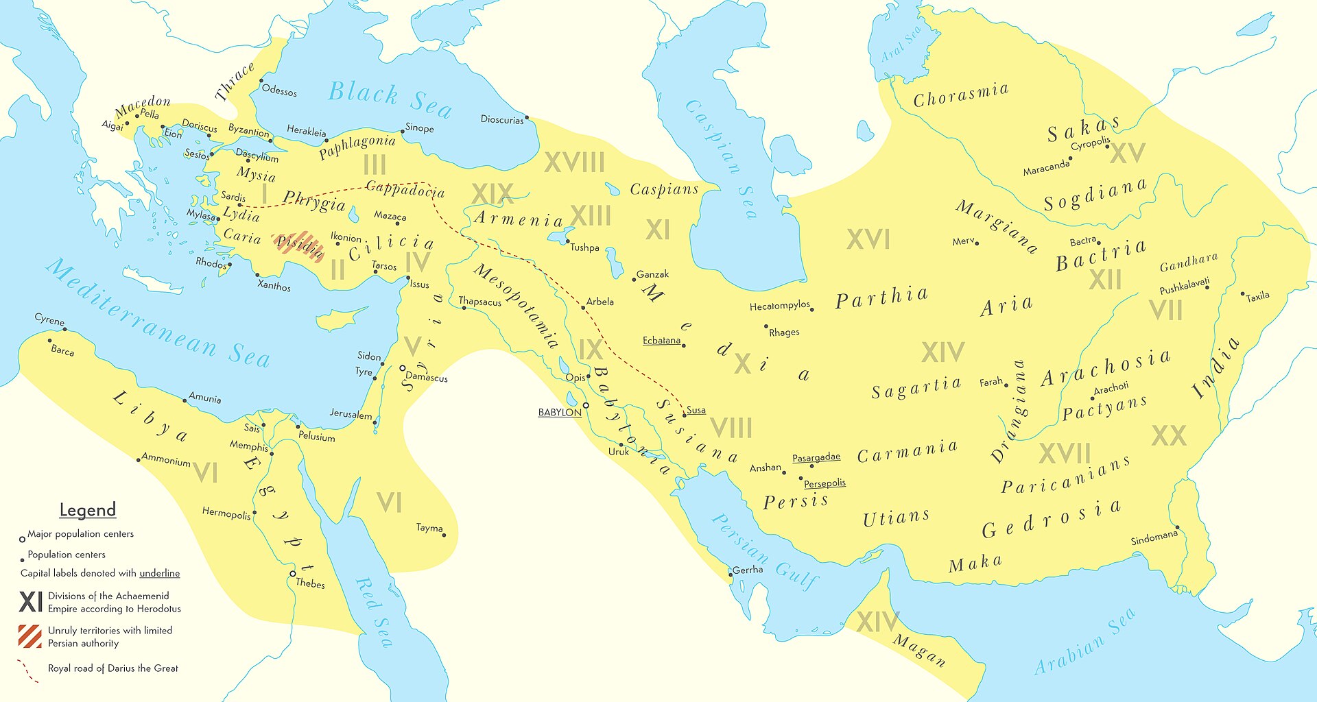 Historical map of the Achaemenid Empire at its greatest extent around 500 BCE, from the Aegean and Egypt to the Indus