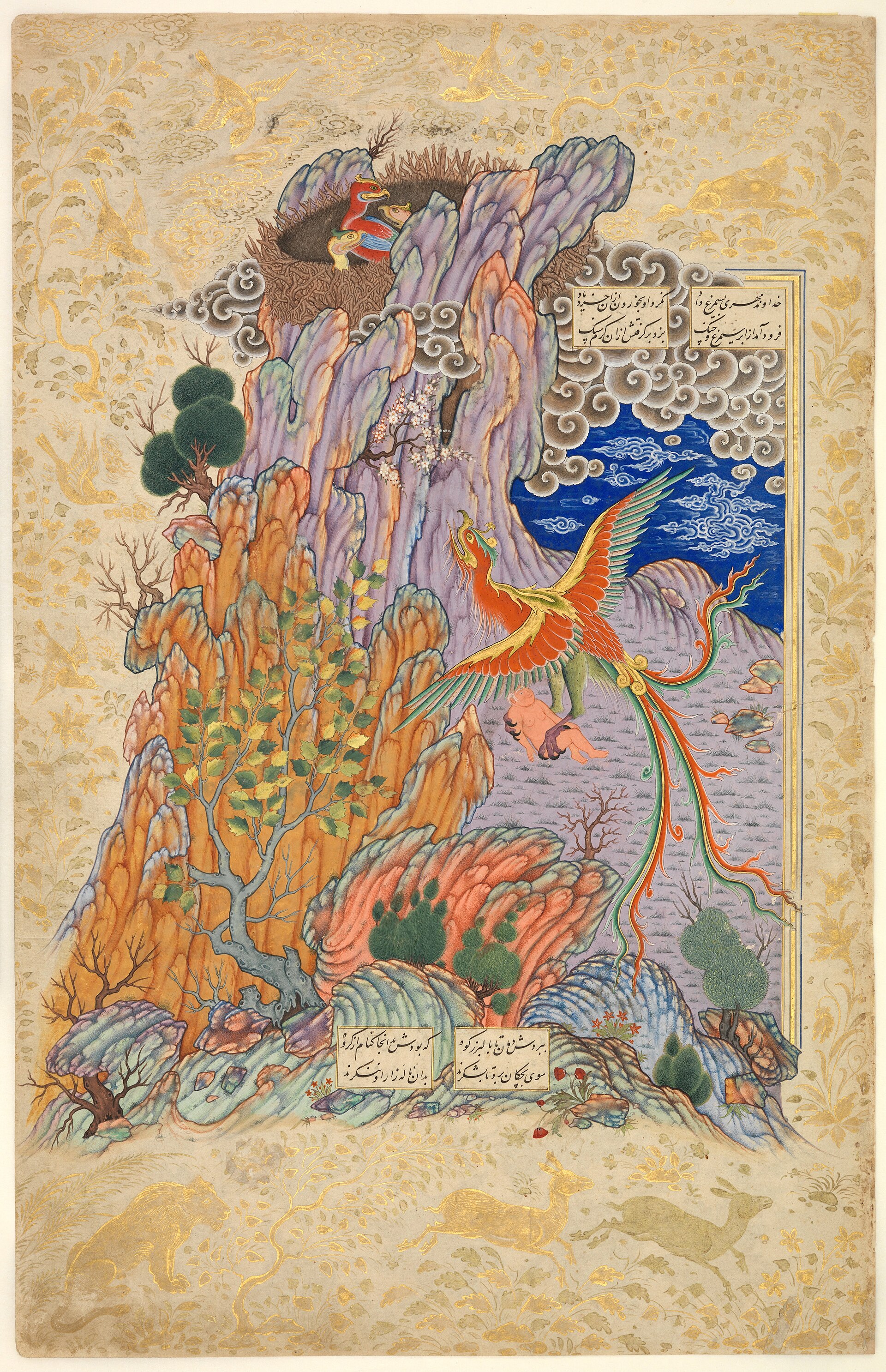 The Simurgh carries the infant Zal to her nest, Persian miniature